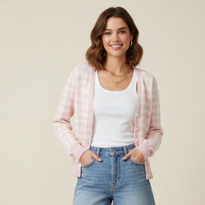 Draper James Sweater Cardigan Light Pink Gingham Soft Preppy Womens sz Medium